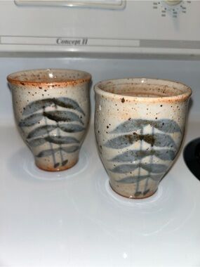 Set of 2 Handmade Ceramic bamboo motif cups  - Speckled Cream and Blue